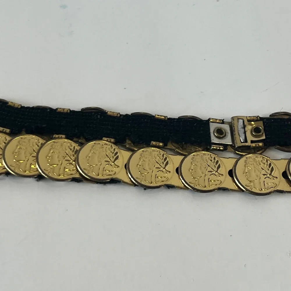 Vintage Gold Roman Coin Belt Black Woven Backing Boho Grecian Medallion 35 Inch